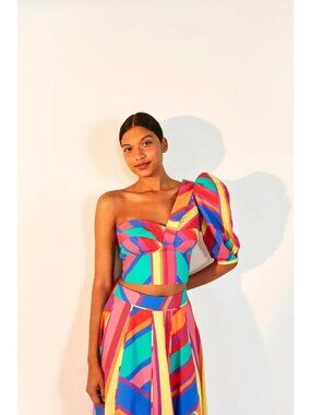 Farm Rio Bruna Stripes Crop Top Size Medium Rainbow One Shoulder NWT
